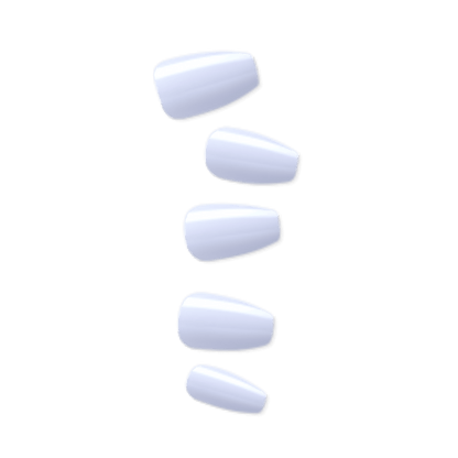 Five artificial nails displayed in short coffin shapes in shiny white coloring