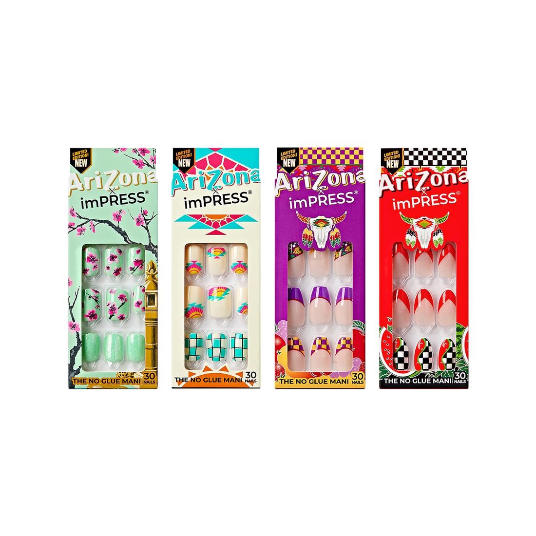 4 packs of limited edition imPRESS artificial nails in limited edition designs in collaboration with Arizona Tea brand