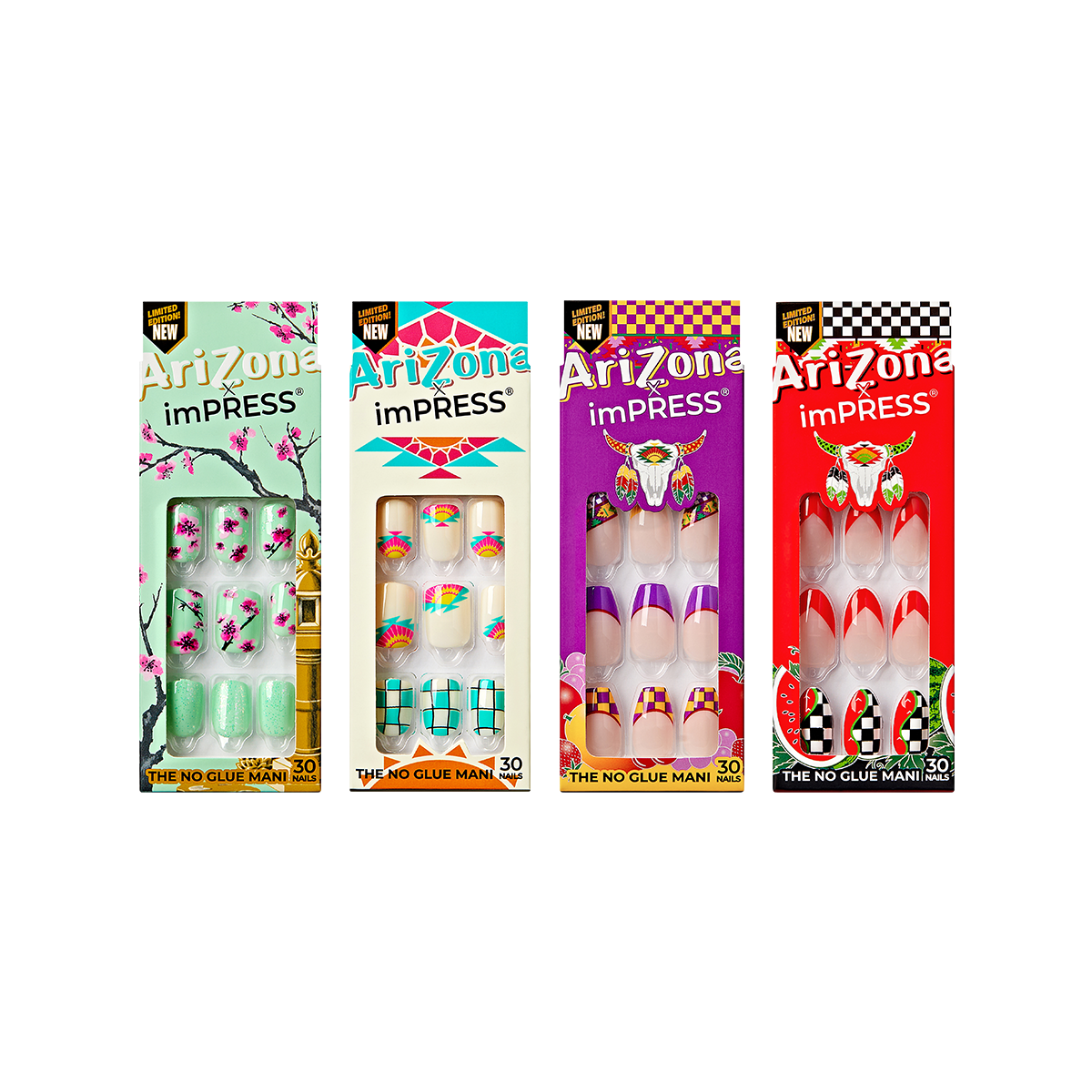 4 packs of limited edition imPRESS artificial nails in limited edition designs in collaboration with Arizona Tea brand